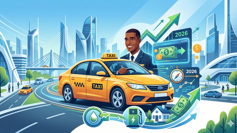 Современная иллюстрация с автомобилем и графиками роста для статьи о трендах автокредитования таксистов